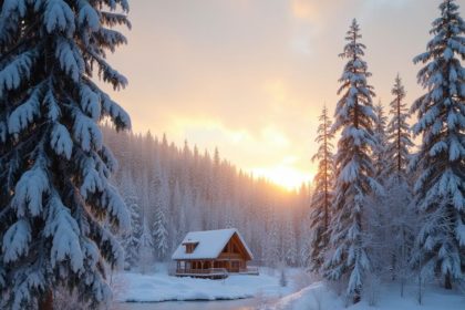 Snowy winter landscape with a cozy cabin, frozen lake, and golden-hour light over snow-covered trees.