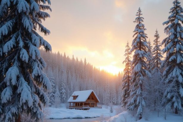 Snowy winter landscape with a cozy cabin, frozen lake, and golden-hour light over snow-covered trees.