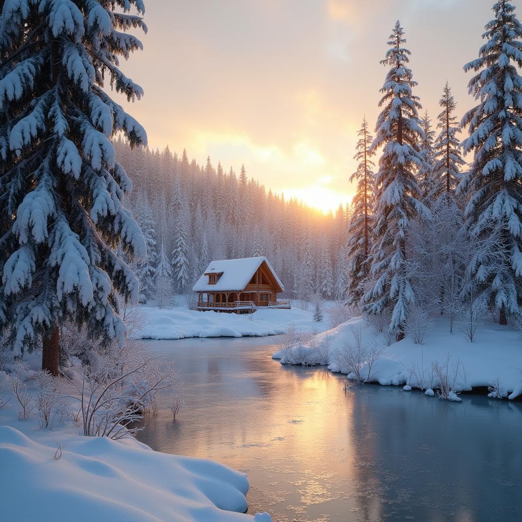 Snowy winter landscape with a cozy cabin, frozen lake, and golden-hour light over snow-covered trees.