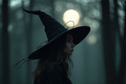 Photorealistic portrait of a witch standing in a dark forest, illuminated by moonlight for an eerie, mysterious effect.