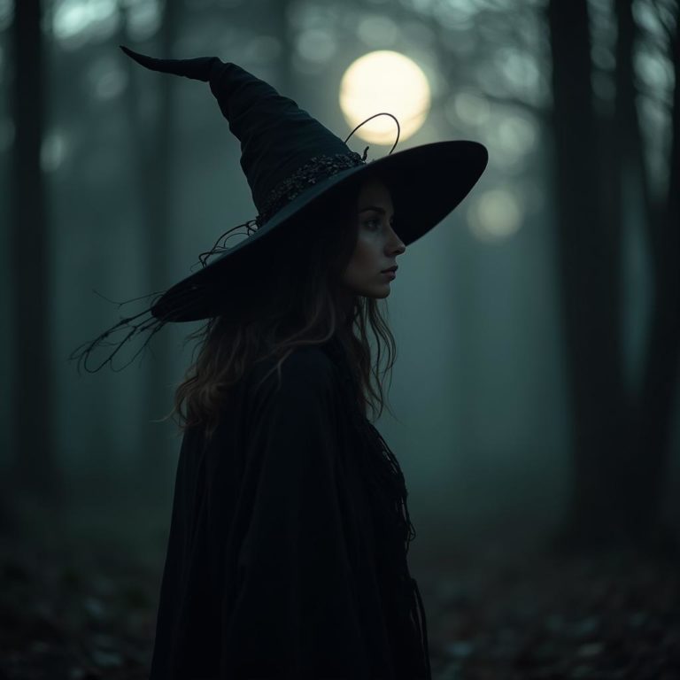 Mystical Witch in a Dark Forest: Photorealistic Moonlit Portrait