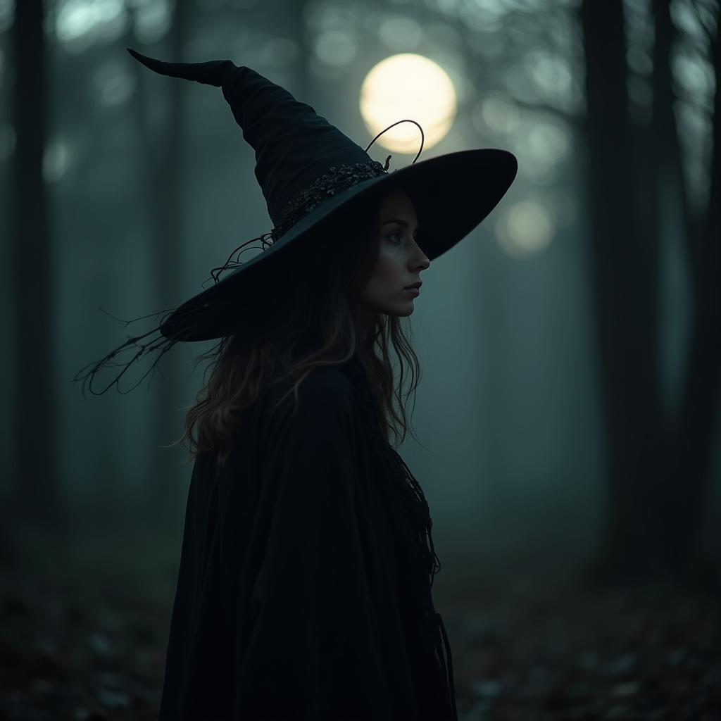 Photorealistic portrait of a witch standing in a dark forest, illuminated by moonlight for an eerie, mysterious effect.