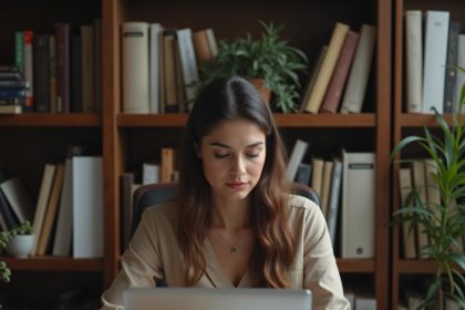 Woman sitting at a desk in her home office with coffee, laptop, books, and a warm, focused ambiance.