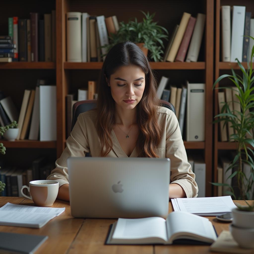 Woman sitting at a desk in her home office with coffee, laptop, books, and a warm, focused ambiance.