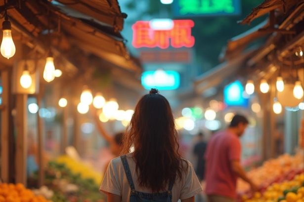 Photorealistic image of a woman walking through a market with vibrant fruits and vegetables.