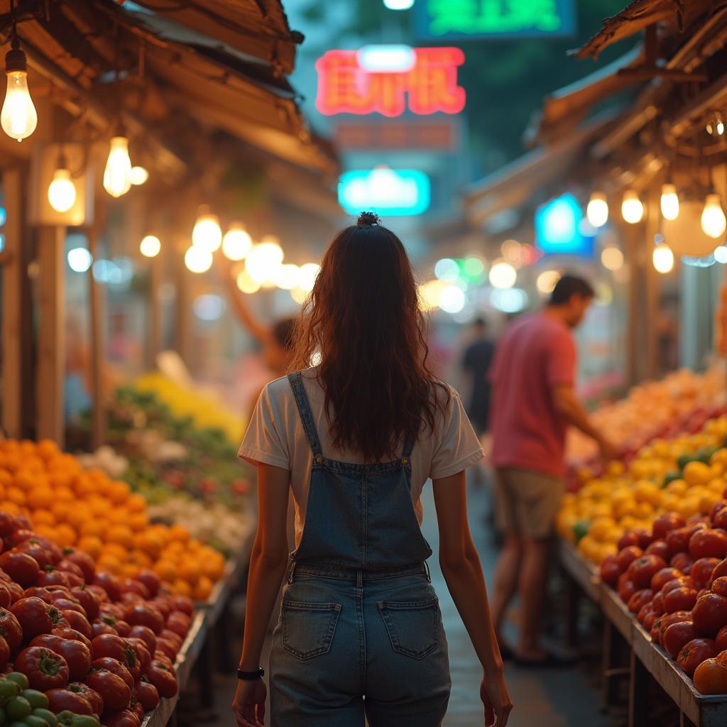 Photorealistic image of a woman walking through a market with vibrant fruits and vegetables.