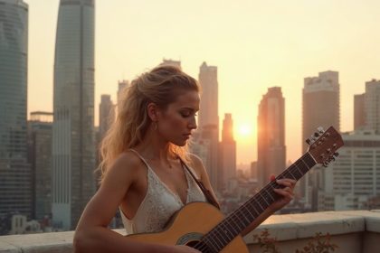 Photorealistic image of a woman playing guitar on a rooftop terrace with a city skyline during golden hour.