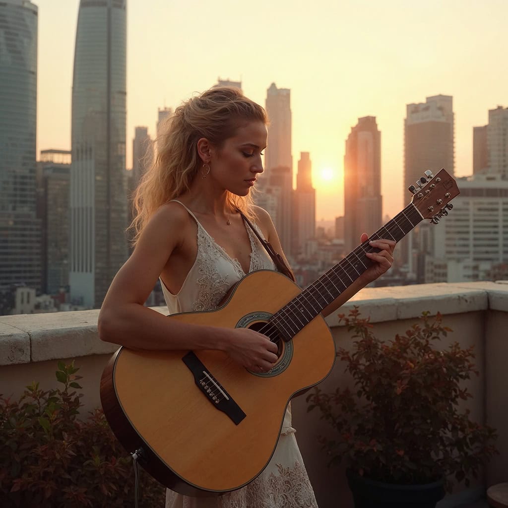 Photorealistic image of a woman playing guitar on a rooftop terrace with a city skyline during golden hour.