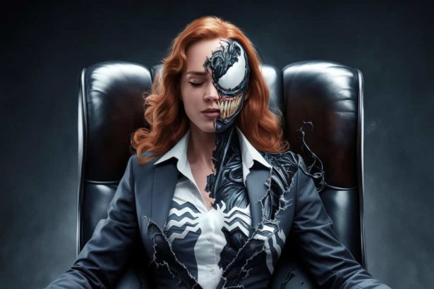 Image of a woman transforming into Venom with dark background