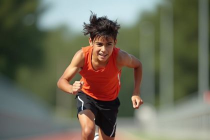 Photorealistic image of a young athlete mid-sprint on a track, with focus and sweat on their brow.