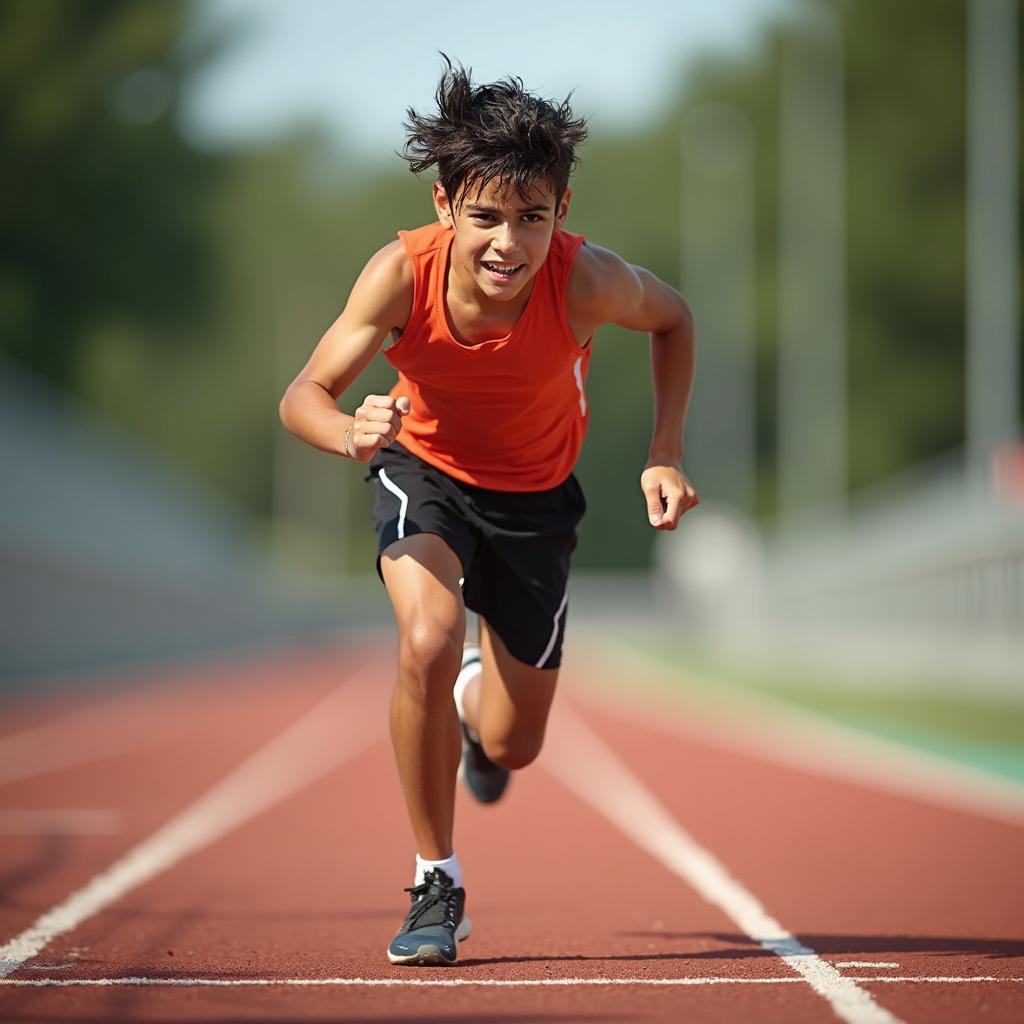 Photorealistic image of a young athlete mid-sprint on a track, with focus and sweat on their brow.