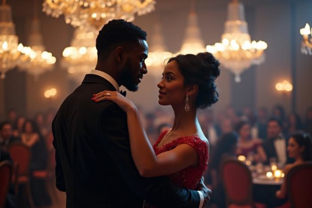 Photorealistic image of a young couple dancing gracefully in a ballroom with elegant attire and romantic lighting.