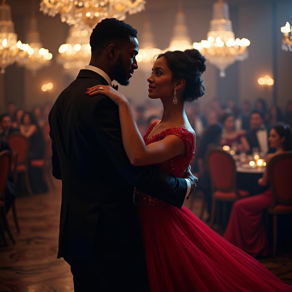 Photorealistic image of a young couple dancing gracefully in a ballroom with elegant attire and romantic lighting.