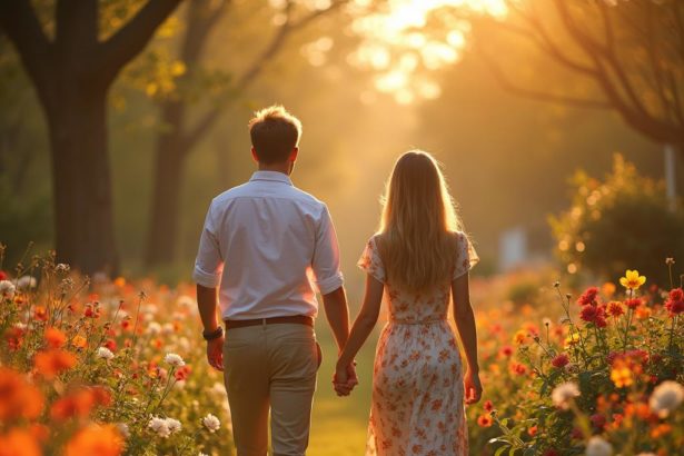 Realistic image of a young couple holding hands in a blooming garden.