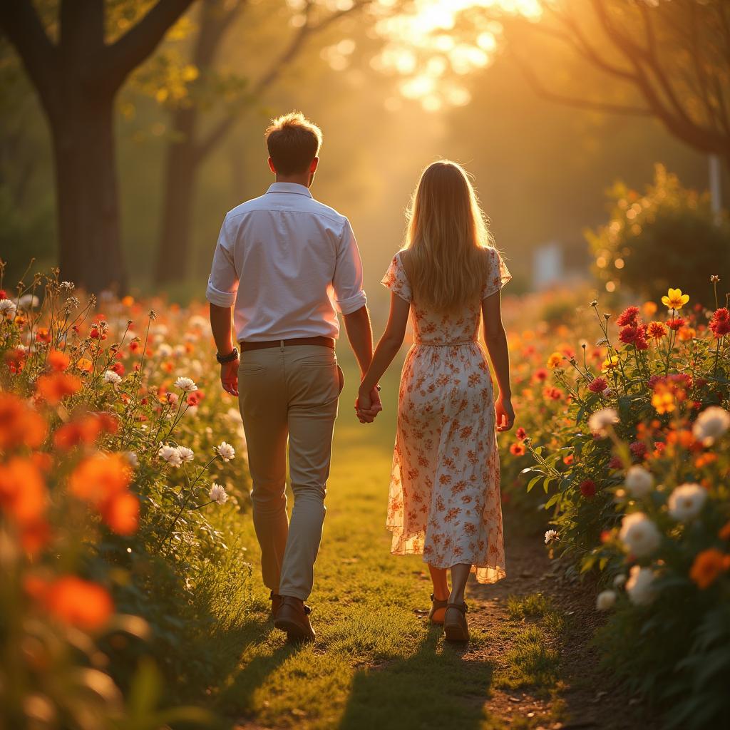 Realistic image of a young couple holding hands in a blooming garden.