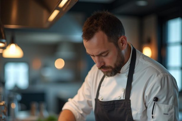 Candid portrait of a chef cooking in a kitchen with a blurred restaurant dining room in the background.