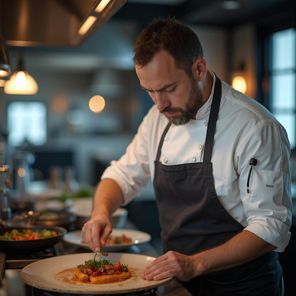 Candid portrait of a chef cooking in a kitchen with a blurred restaurant dining room in the background.