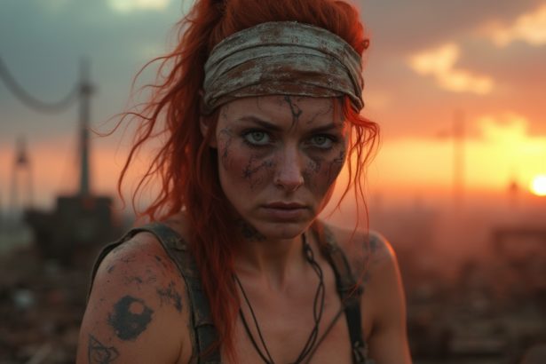 Gritty close-up of a mechanic's weathered face in a post-apocalyptic landscape at twilight.