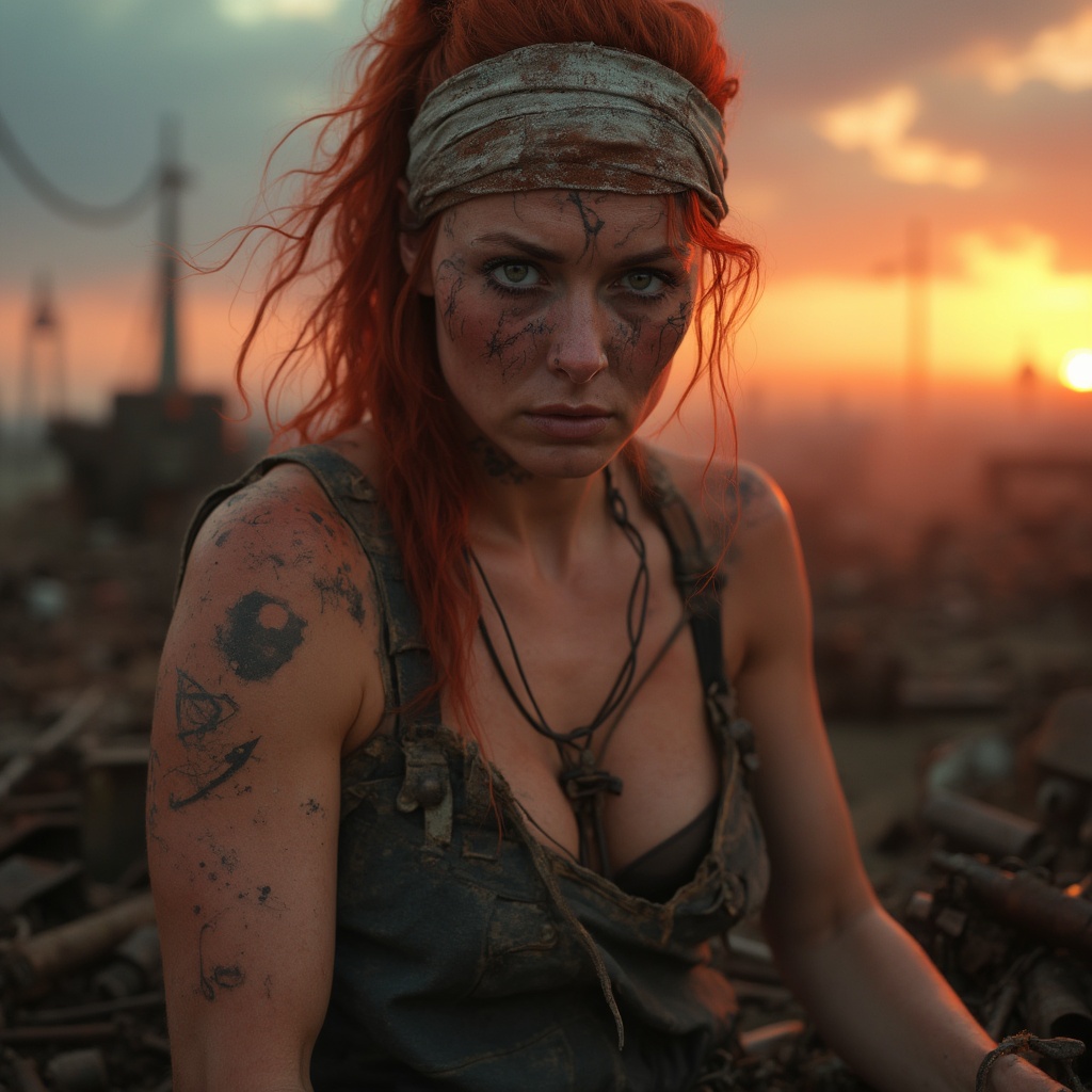 Gritty close-up of a mechanic's weathered face in a post-apocalyptic landscape at twilight.