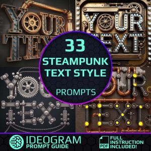 33 Steampunk Text Style Prompts for Ideogram – Vintage-inspired industrial typography with gears, pipes, and mechanical design elements.