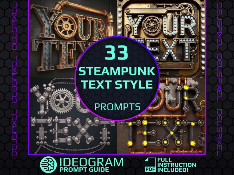 33 Steampunk Text Style Prompts for Ideogram – Vintage-inspired industrial typography with gears, pipes, and mechanical design elements.