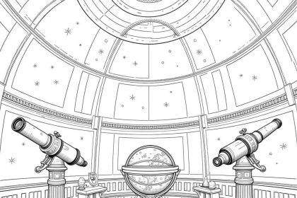 A pencil drawing coloring page of an ancient observatory with telescopes and celestial details