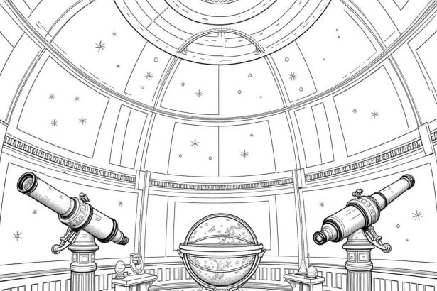 A pencil drawing coloring page of an ancient observatory with telescopes and celestial details