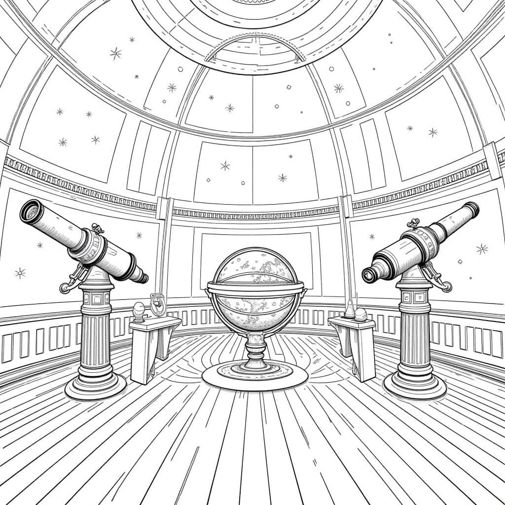 A pencil drawing coloring page of an ancient observatory with telescopes and celestial details