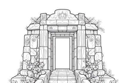 A pencil drawing coloring page of ancient temple ruins with intricate stone carvings and overgrown vines