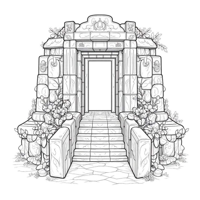 Ancient Temple Ruins Coloring Page: Mystical Stonework and Nature