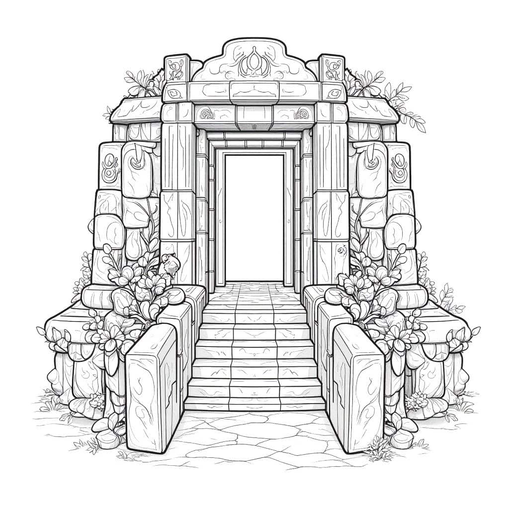 A pencil drawing coloring page of ancient temple ruins with intricate stone carvings and overgrown vines