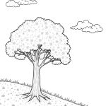 Outline illustration of a blooming tree with a gentle breeze, designed as a coloring page.