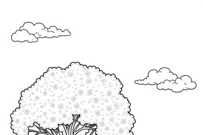 Outline illustration of a blooming tree with a gentle breeze, designed as a coloring page.