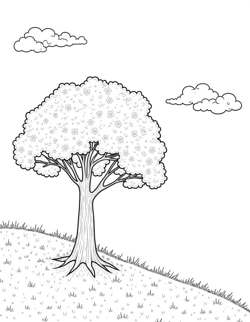 Outline illustration of a blooming tree with a gentle breeze, designed as a coloring page.