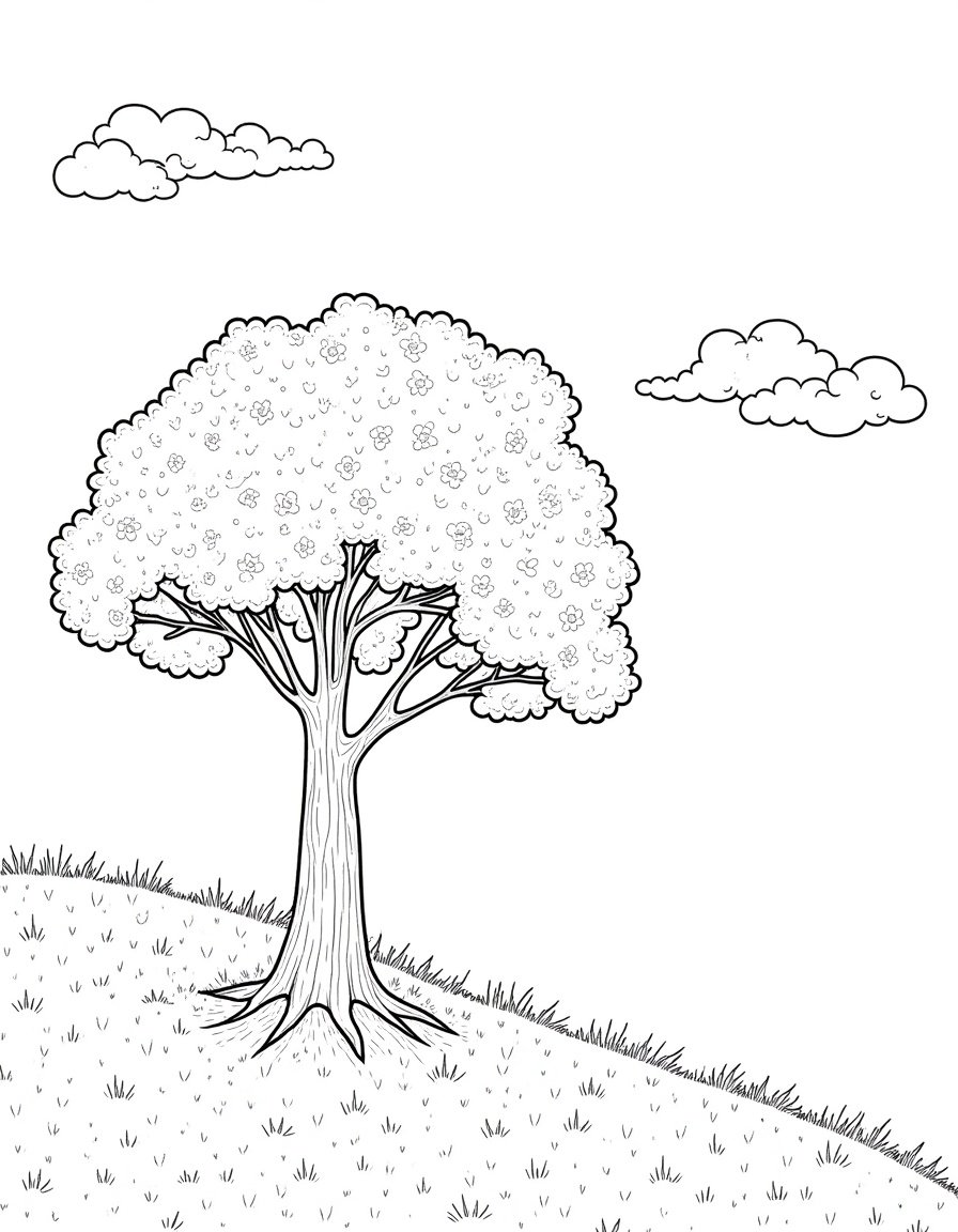 Outline illustration of a blooming tree with a gentle breeze, designed as a coloring page.