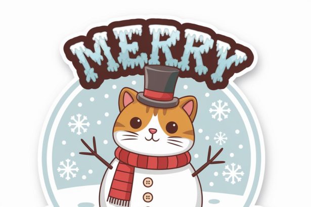 Cute cat dressed as a snowman with a top hat, red scarf, buttons, and a "Merry Christmas" frosty text.