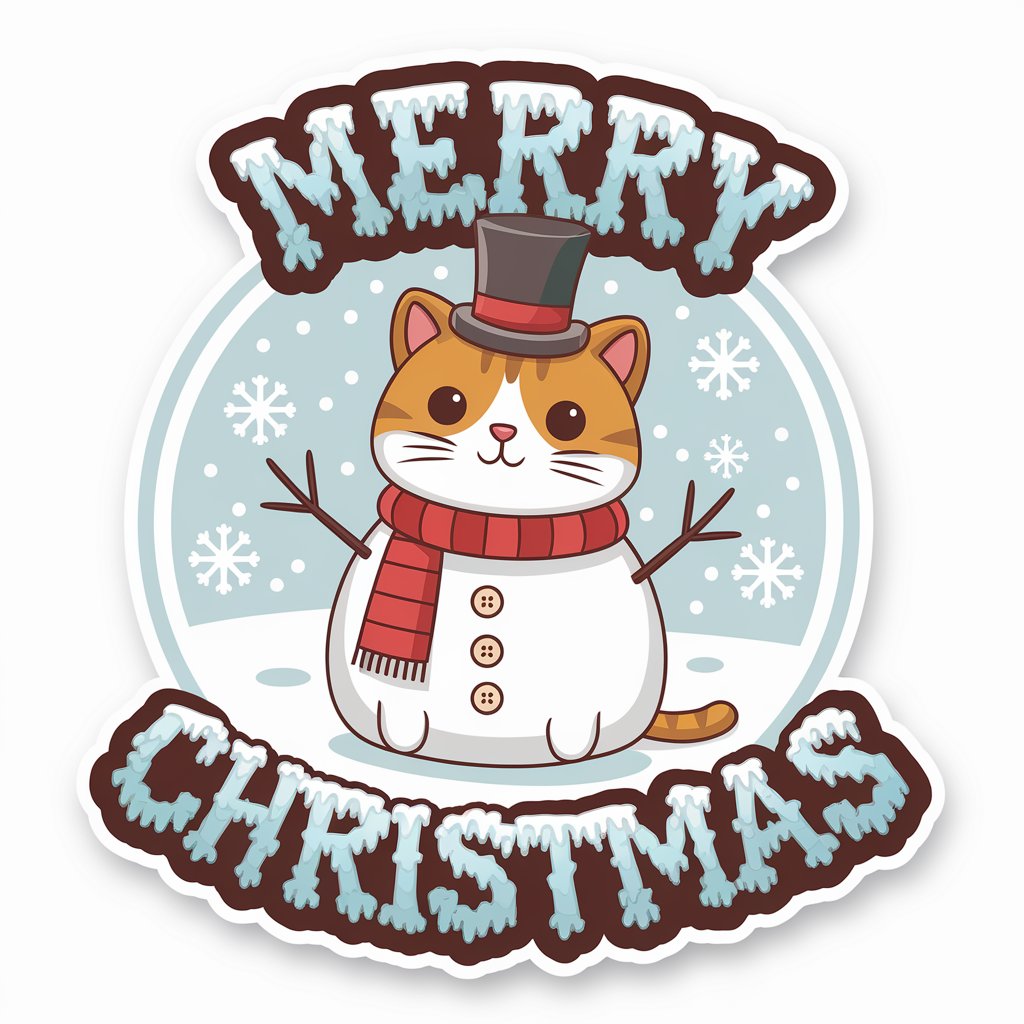 Cute cat dressed as a snowman with a top hat, red scarf, buttons, and a "Merry Christmas" frosty text.