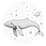 A pencil drawing coloring page of a celestial whale surrounded by stars and nebulae