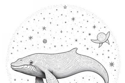 A pencil drawing coloring page of a celestial whale surrounded by stars and nebulae