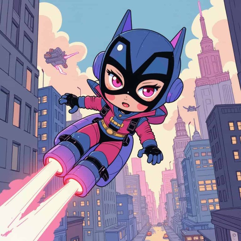Chibi Superhero Action in a Neon Futuristic City