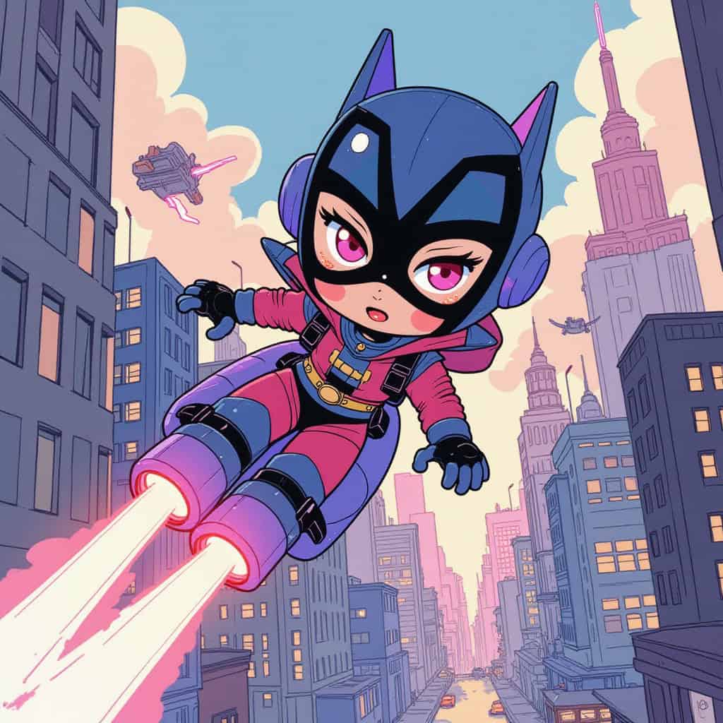 Chibi superhero with a glowing jetpack flying in a vibrant futuristic cityscape.