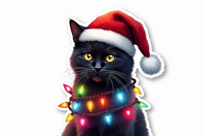 Christmas sticker of a black cat wearing a Santa hat with colorful lights around its body on a white background.