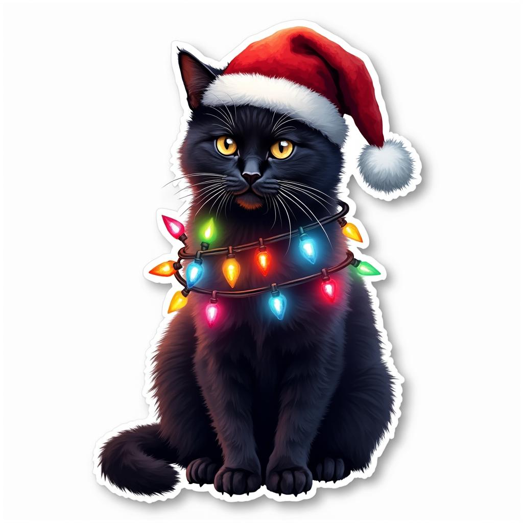 Christmas sticker of a black cat wearing a Santa hat with colorful lights around its body on a white background.