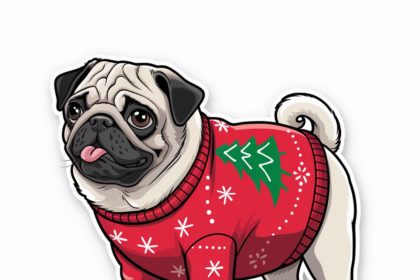 Cartoon-style Christmas sticker of a white pug dog in a red sweater with a Christmas tree.