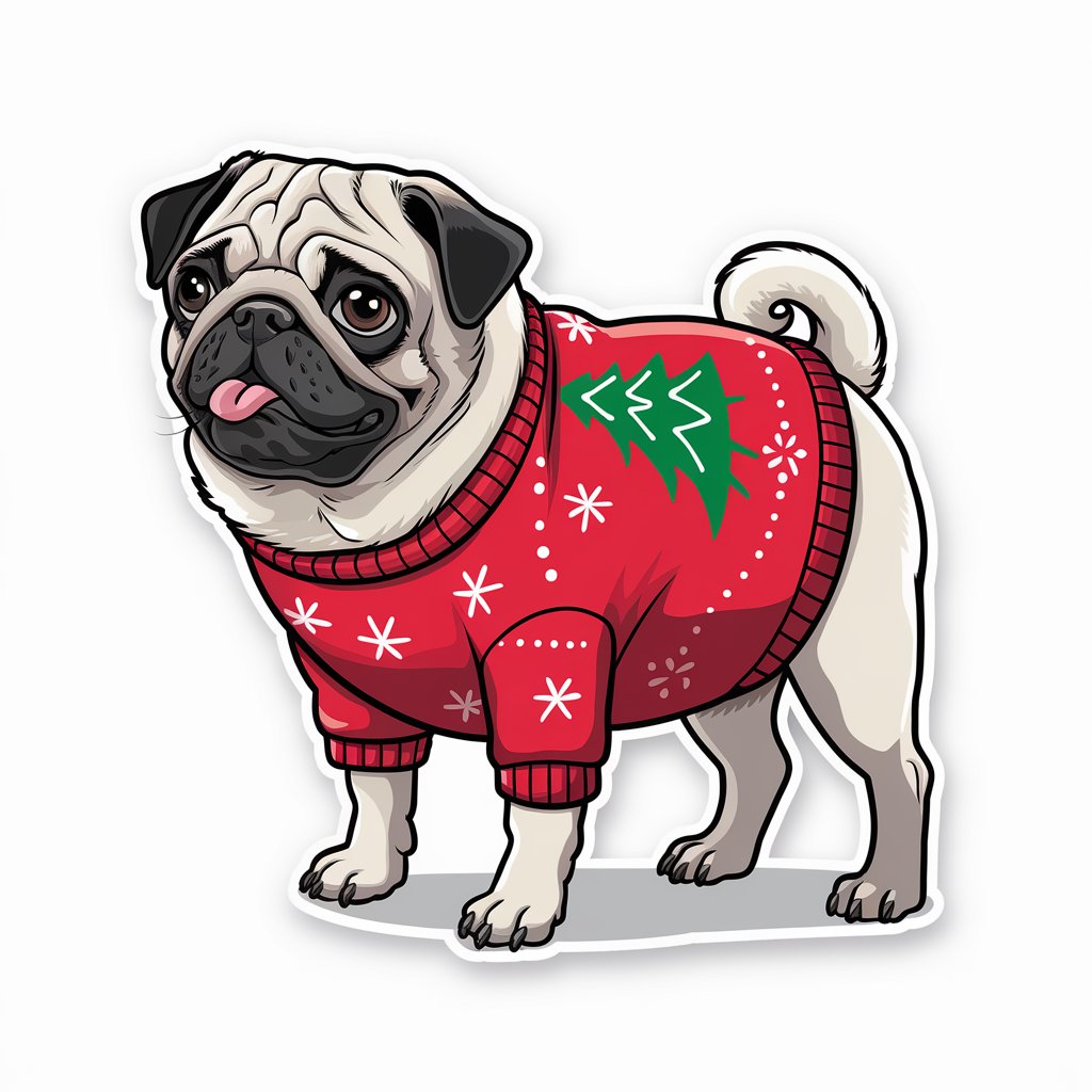 Cartoon-style Christmas sticker of a white pug dog in a red sweater with a Christmas tree.