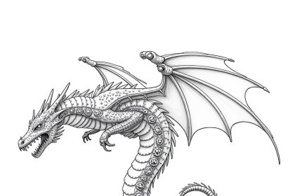 A pencil drawing coloring page of a clockwork dragon with mechanical details and steampunk design