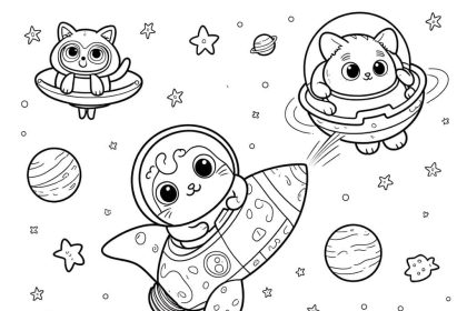 A cosmic cats coloring page with cats in rockets and astronaut helmets