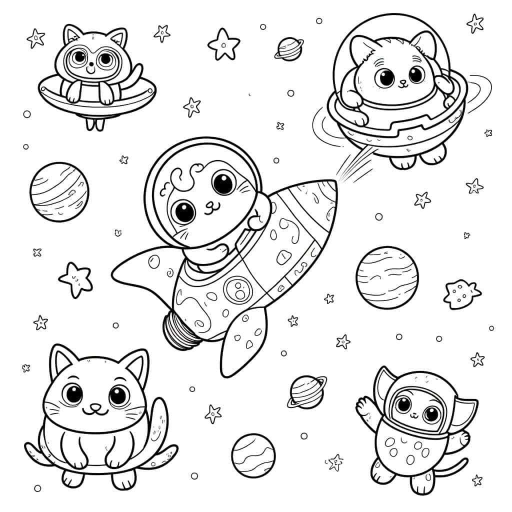 A cosmic cats coloring page with cats in rockets and astronaut helmets