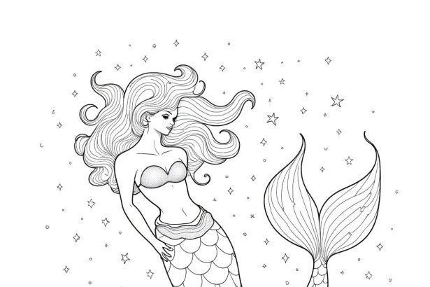 A pencil drawing coloring page of a cosmic mermaid in a stardust-filled underwater realm