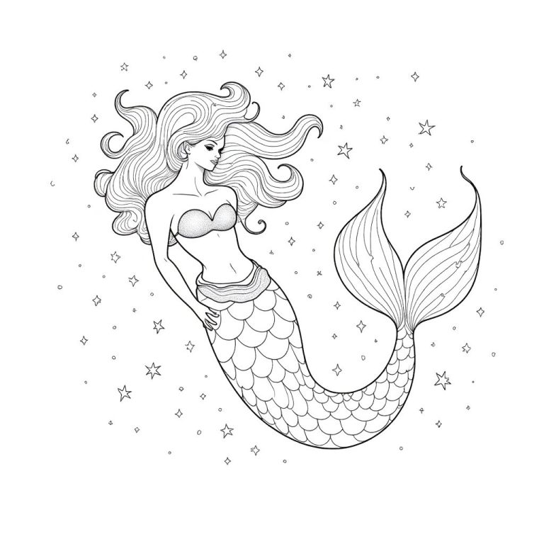 Cosmic Mermaid Coloring Page: Dive into a Celestial Sea